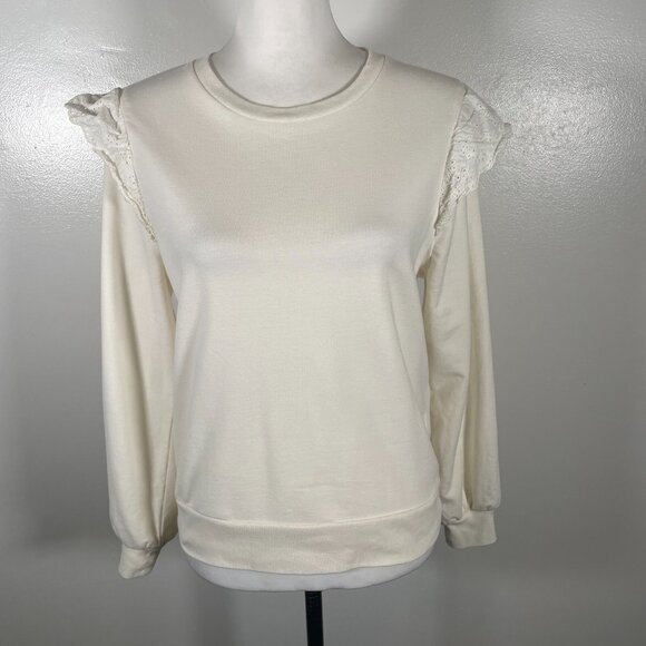 J.CREW Sweatshirt Womens Small Ivory Flutter Long Sleeve Round Neck Pullover - Picture 2 of 16